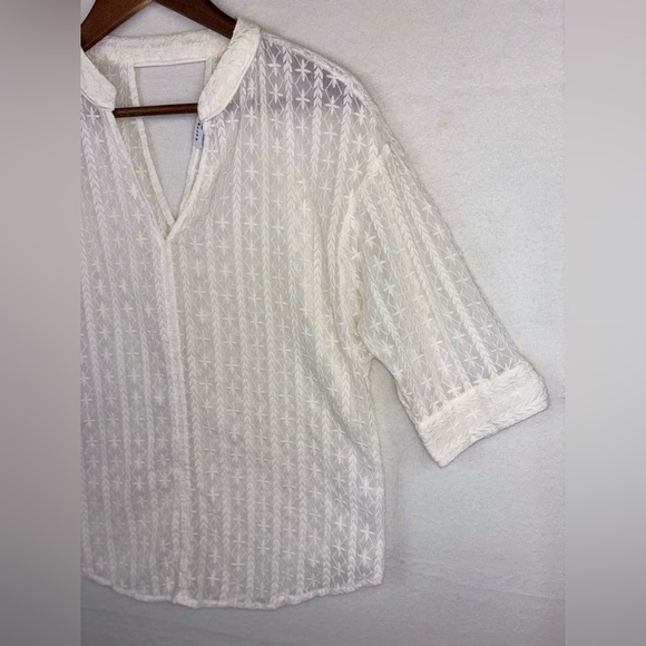 ANTHROPOLOGIE CURRENT AIR Women's White Blouse V‎ Neck Sheer Short Sleeve Medium - Picture 6 of 14
